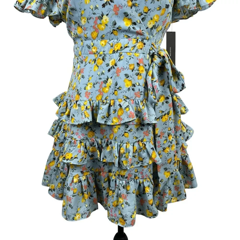Lulus Feeling Butterflies Blue Floral Boho Tiered Ruffle Mini Dress Medium - Picture 4 of 12